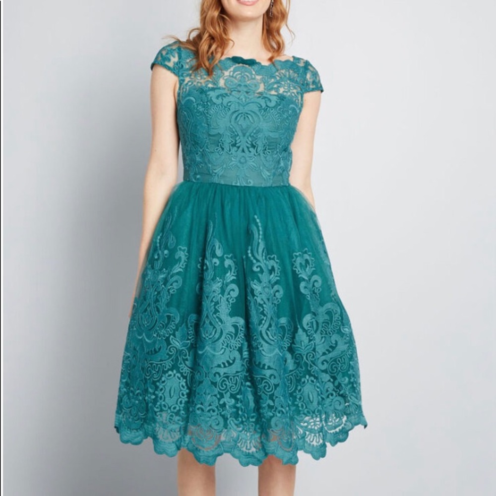 NWT ModCloth teal scallop edge tulle a line dress